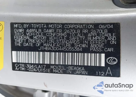 2004 Lexus Es 330 from USA, damaged, VIN JTHBA30G445055384